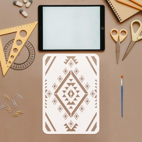 FINGERINSPIRE 4 Pcs Aztec Patterns Painting Stencil with Paintbrush 11.7x8.3inch Reusable Canvas Aztec Stencil for Crafts Geometric Boho Borders Pattern Stencils for Painting on Fabric, Wood, Walls - style: Aztec Patterns