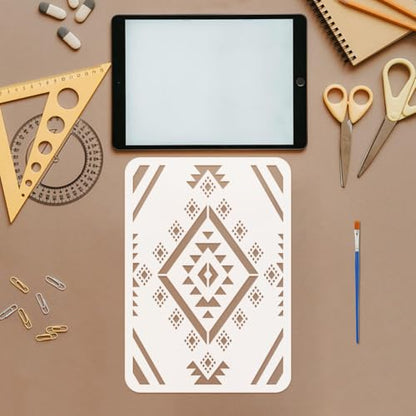 FINGERINSPIRE 4 Pcs Aztec Patterns Painting Stencil with Paintbrush 11.7x8.3inch Reusable Canvas Aztec Stencil for Crafts Geometric Boho Borders Pattern Stencils for Painting on Fabric, Wood, Walls - style: Aztec Patterns