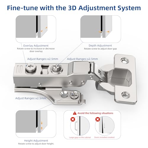 Chibery 20 Pack 1/4" Partial Overlay Soft Close Concealed Hinge for Face Frame ＆ Frameless Door, 3D Adjustment, Clip-on Plate, Slow Self Closing Hidden Satin Nickel, 105° Stainless Steel Hinges, 3/8" - size: Partial Overlay