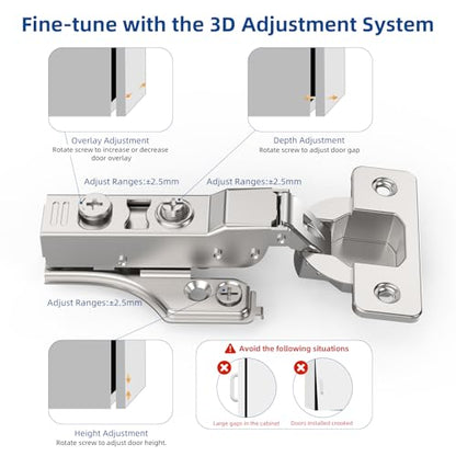 Chibery 20 Pack 1/4" Partial Overlay Soft Close Concealed Hinge for Face Frame ＆ Frameless Door, 3D Adjustment, Clip-on Plate, Slow Self Closing Hidden Satin Nickel, 105° Stainless Steel Hinges, 3/8" - size: Partial Overlay
