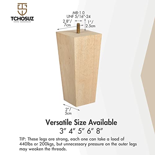 5 Inch / 12cm Wooden Furniture Legs, Set of 4 Solid Wood Mid-Century Modern Pyramid Replacement Feet, Square Sofa Legs with 5/16" Bolts & Anti-Slip Pads for Ottoman Table Dresser Unfinished - color: Unfinished, size: 5"/12cm
