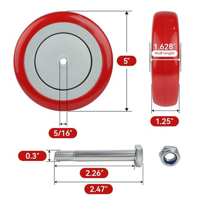 5" Wheels for Cart, 5/16" Axle Polyurethane Shopping Cart Wheels Replacement Casters 1200lbs Total Capacity (4-Pack 5/16" Bore, Red) - style: Red(5/16'' Bore)