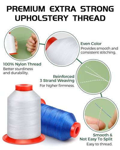 FIVEIZERO Extra Strong Upholstery Thread,White 1000 Meters Bonded Nylon Thread for Denim Leather,Craft,Machine,DIY and Home (1 Pack) CJ - color: White
