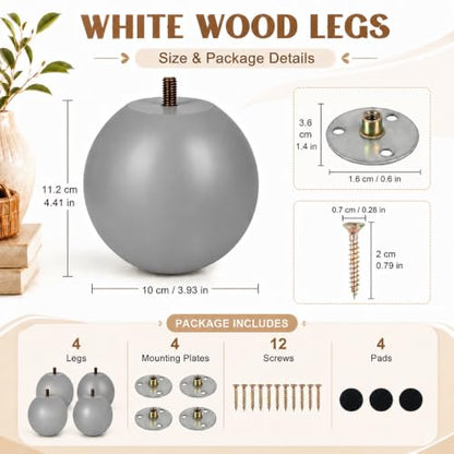 4 Inch Wooden Sofa Legs Set of 4 Gray Wood Round Sofa Legs with Mounting Plate Screws Solid Wood Furniture Feet for Couch Bed Cabinet Bookcase Ottoman - color: Grey
