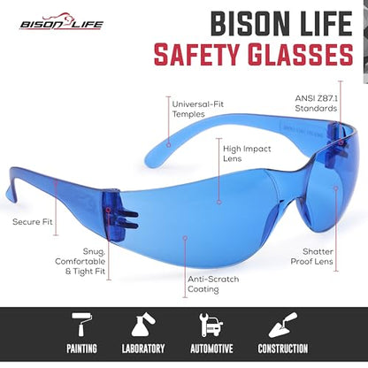 BISON LIFE Blue Safety Glasses for Men & Women, ANSI Z87.1, 6 Pack - color: Blue/Blue