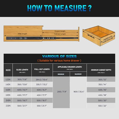 12 Inch Full Extension Drawer Slides, Heavy Duty Side Mount, 5 Pairs, Black - size: 12 Inch