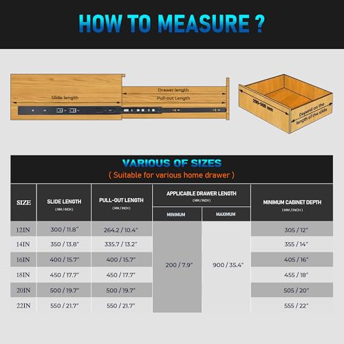 14 Inch Full Extension Drawer Slides, Heavy Duty Side Mount, 5 Pairs, Black - size: 14 Inch