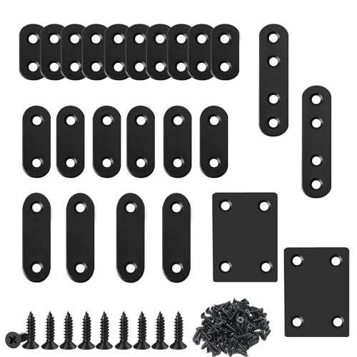 80PCS Black Metal Flat Straight Brace Bracket,5 Size Stainless Straight Flat Brackets,Mending Plates Connector Joining Fixing Brackets Brace Plates for Wood Repair Fixing