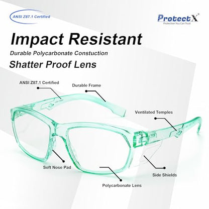 ProtectX Stylish Safety Glasses Anti-Fog Scratch Jade Clear - 2PC - color: 2 Pack Jade
