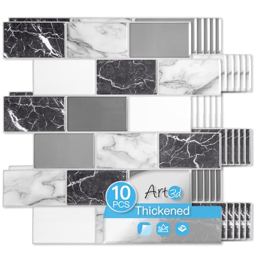 Art3d 10-Pack Marble Wall Tiles Peel and Stick Backsplash, Black White Grey - color: White Grey Marble