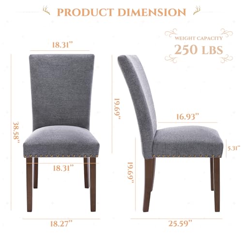 Parsons Dining Chairs Set of 4, Upholstered Nailhead Dining Room Kitchen Side Chair with Thick Cushions and Wood Legs, Dark Grey - color: Grey, size: set of 4