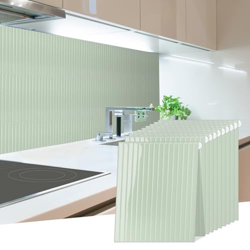 Backsplash Tile Peel and Stick, Self-Adhesive White Decorative Wall Tiles for Kitchen, Modern Glossy Slatted Design Backsplash Tiles for Kitchen, Bathroom, RVs (11.43x9 inch) - color: Sage