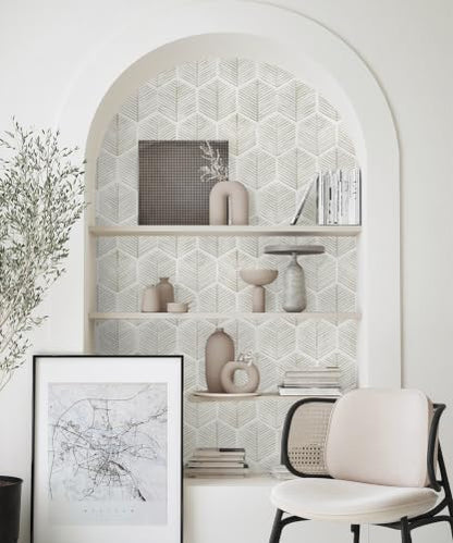 MelunMer Geometric Peel and Stick Wallpaper Boho Beige White 17.3''×197'' - color: Beige, size: 197"×17.3" (23.6 sq.ft)