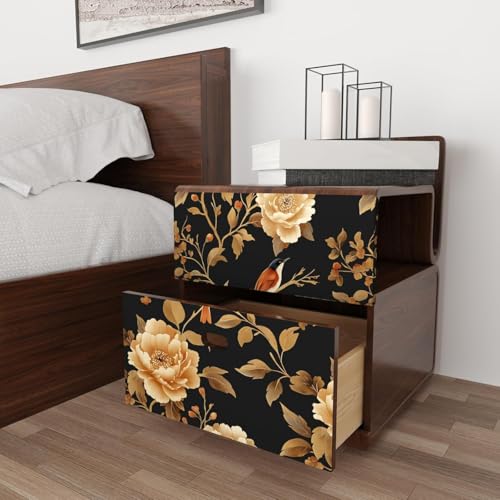 Laatse Dark Floral Bird Wallpaper Peel and Stick 17.5"x 393",Black/Golden - color: Black and Gold Bird, size: 17.5" x 393"