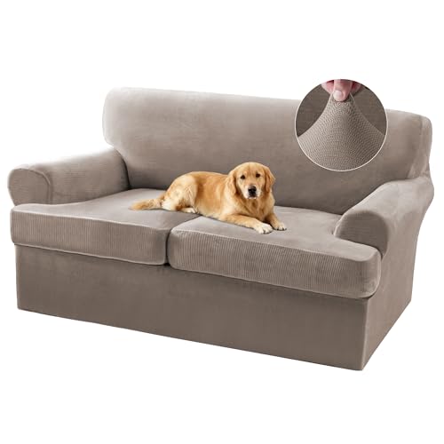 Turquoize Sofa Cover 3 Piece T Cushion Loveseat Covers for 2 Cushion Couch Thick Velvet Couch Cover Stretch Furniture Covers with 2 Individual T Cushion Covers, Washable (2 Cushion Loveseat, Taupe) - color: Taupe, size: Loveseat (2 Cushion)