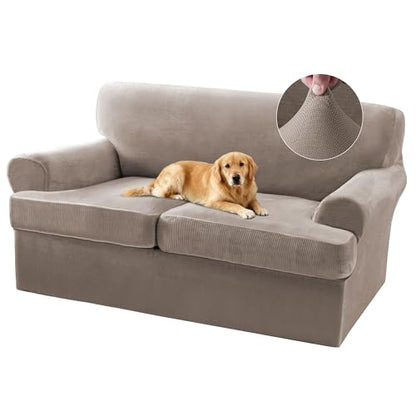 Turquoize Sofa Cover 3 Piece T Cushion Loveseat Covers for 2 Cushion Couch Thick Velvet Couch Cover Stretch Furniture Covers with 2 Individual T Cushion Covers, Washable (2 Cushion Loveseat, Taupe) - color: Taupe, size: Loveseat (2 Cushion)