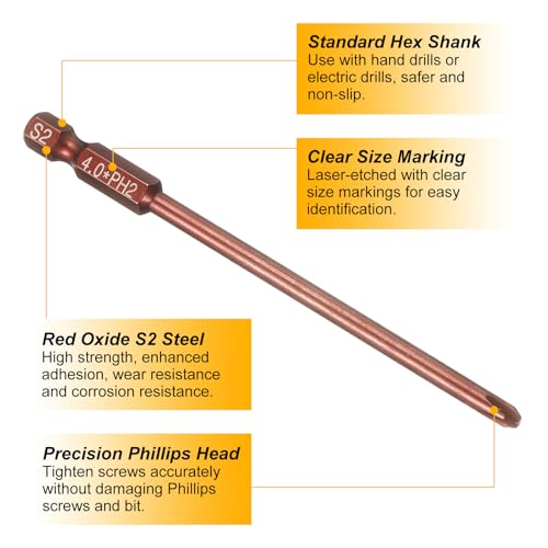 HARFINGTON 5pcs #2 Phillips Screwdriver Bit PH2 1/4" Hex Shank 4" (100mm) Long 0.16" Rod Magnetic Cross Head Drive Drill Bits S2 Steel Industrial Screw Driver Electric Power Tool, Brown - size: PH2 x 4" x 0.16"