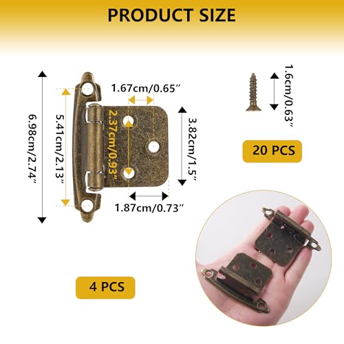 4 Pack (2 Pairs) Antique Brass Cabinet Hinges, 1/2 Inch Overlay Self-Closing Hinges for Kitchen Cupboard Cabinet Doors, Semi-Concealed Face Frame Mount Hardware - color: Antique Brass