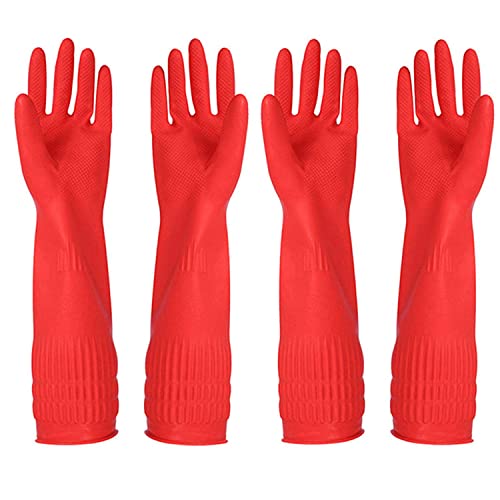 Latex Cleaning Gloves for Kitchen Dishwashing & Cleaning Cloth | Waterproof & Reusable, 2 Pair Pack (4 Red Gloves)
