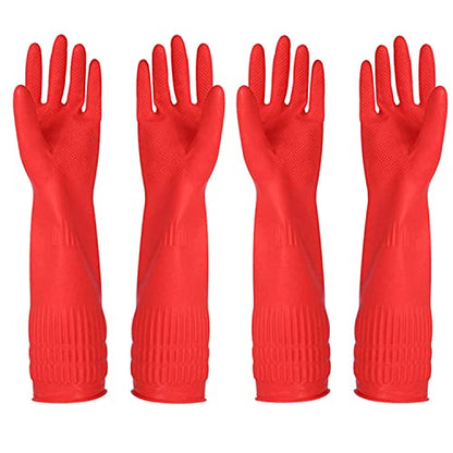 Latex Cleaning Gloves for Kitchen Dishwashing & Cleaning Cloth | Waterproof & Reusable, 2 Pair Pack (4 Red Gloves)