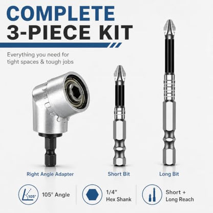 105° Right Angle Drill Adapter Set, 3-Piece 1/4-Inch Hex Shank Screwdriver Attachment with 2 Anti-Slip Phillips Bits for Tight Spaces, Drills and Electric Screwdrivers