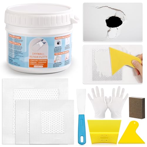 Drywall Repair Kit, Wall Surface Hole Patch Repair Kits with 12OZ White Putty Hole Filler, Fix Wall Surface and Creak Damage with Scraper, Sanding Pad Fill Quick and Easy Solution - color: 12OZ White Wall Repair Putty Patch Kit