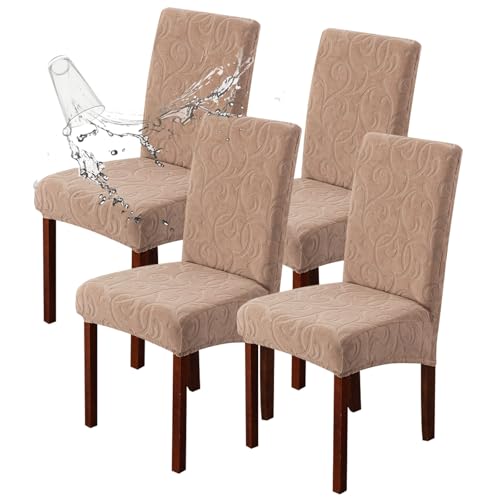 Waterproof Dining Room Chair Covers, Stretch Parsons Chair Slipcovers - color: Flower Pattern-khaki, size: Large-4 Pack