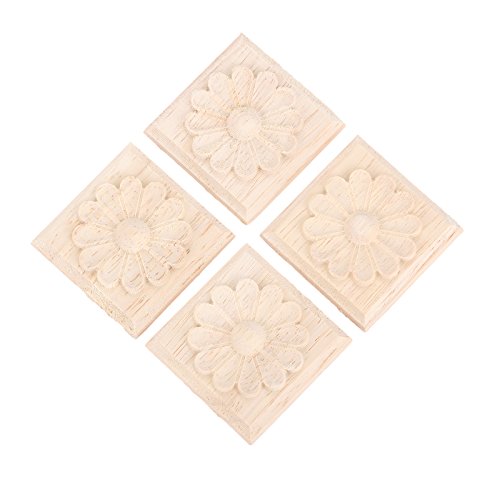 4Pcs Wood Carved Appliques Onlays, Square Carving Decals for Furniture - size: 2.36 x 2.36 inches