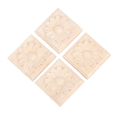 4Pcs Wood Carved Appliques Onlays, Square Carving Decals for Furniture - size: 3.94 x 3.94 inches