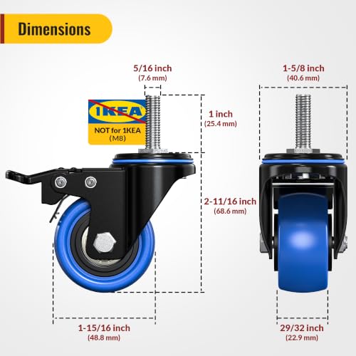 HOLKIE Stem Caster Wheels 2 inch Total Locking Casters Set of 4, Threaded Stem 5/16" -18 x 1 (Diameter 5/16", Length 1") Swivel Heavy Duty Castors Blue Wheel - size: 2 Inch-Blue-With Brake (5/16" -18 x 1")