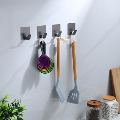 DELITON Towel Hooks for Bathrooms - 4 Pack Adhesive Wall Hooks Heavy Duty No Damage, Coat Robe Sticky Hooks for Hanging Waterproof SUS304 Stainless Steel, Grey - color: Gray