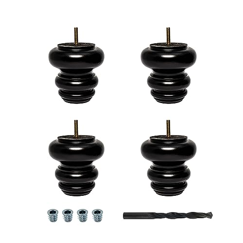 OUTWATER 4 in. H x 4 in. Dia Stained Espresso Solid Hardwood Bun Foot Leg for Furniture 4 Pack with 4 Free Insert Nuts and Drill Bit - color: Espresso