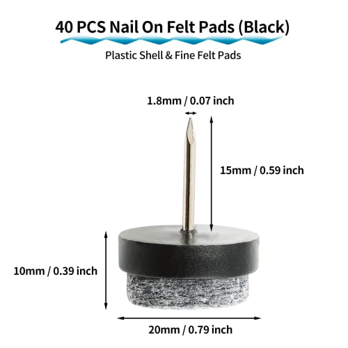 40 PCS 20mm Nail-On Felt Glides, Chair Leg Protector Black - size: 20mm - Black