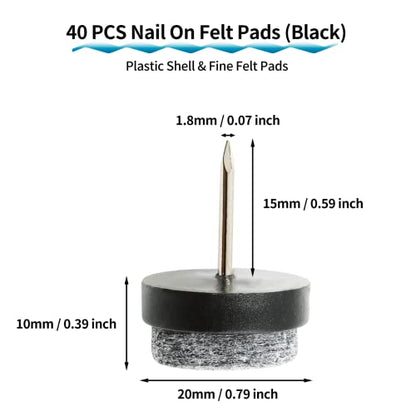 40 PCS 20mm Nail-On Felt Glides, Chair Leg Protector Black - size: 20mm - Black