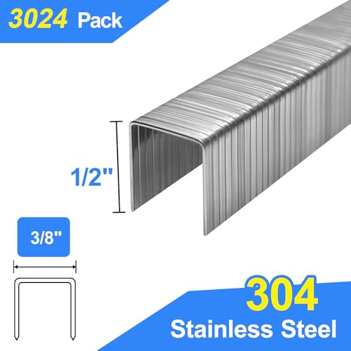 20 Gauge 304 Stainless Steel T/50 Staples, 3/8" Crown, 1/2" Leg - size: 1/2"--3024 pcs