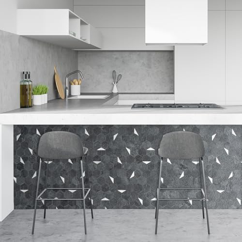 DICOFUN 1-Sheet 12"x12" Black Slate Hexagon Tile Peel and Stick Backsplash, PVC Mixed Silver Metal Mosaic Tiles for Kitchen and Bathroom - color: Black Slate + Silver Metal Chip, size: 1 Sheet, 12''x12''x0.12''