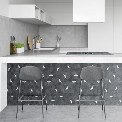 DICOFUN 10-Sheet 12"x12" Black Slate Hexagon Tile Peel and Stick Backsplash, PVC Mixed Silver Metal Mosaic Tiles for Kitchen and Bathroom - color: Black Slate + Silver Metal Chip, size: 10 Sheets, 12''x12''x0.12''