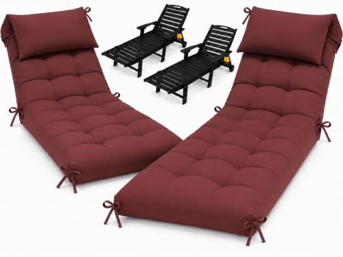 Waterproof Lounge Chair Cushion Set of 2, Outdoor Fade Resistant Chaise Lounger Replacement Chairs Cushions with 6 Ties, Thickened Memory Foam Pool Lounge Chair Cushions, 76 x 22 x 4.7 Inches, Red - color: Red, size: 2 Pack