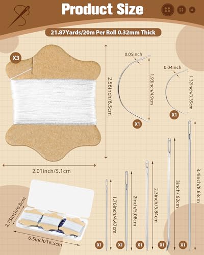 FIVEIZERO Upholstery Repair Sewing Kit, Leather Sewing Kit, 63 Yards Upholstery Thread& 7Pcs Heavy Duty Needles, Leather Thread, Curved Needles for Quilting & Hand Stitching (White) - color: White