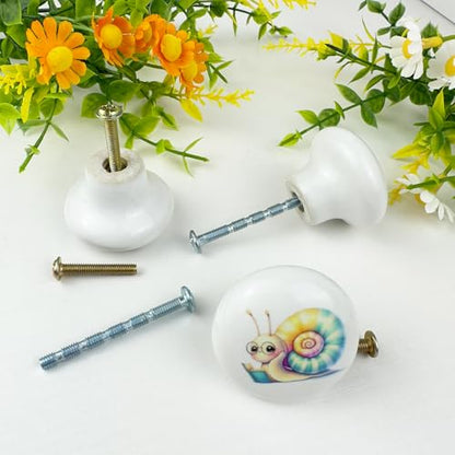 1.5" 8PCS Ceramic Round Cute Fun Unique Cupboard Cabinet Nursery Kids Drawer Dresser Knobs Snail Animal Decorative Drawer Pulls