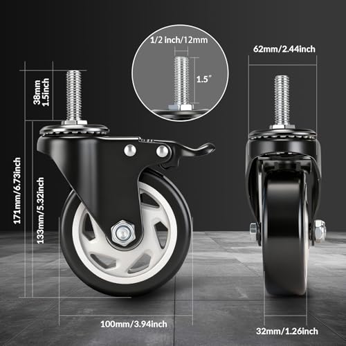 Caster Wheels with Threaded Stem,4 Inch Locking Casters Set of 4 - size: 4"4pack