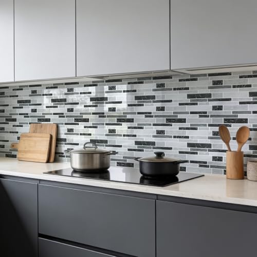 Vieshful Marble Peel and Stick Backsplash, 12 x 12 in, 10 Sheets - color: Black Grey Marble Mix, size: 10 Sheets