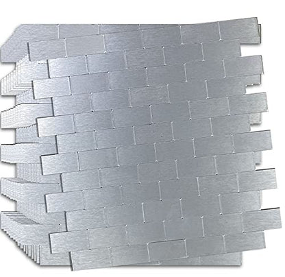 XUANINY 10-Sheet Peel and Stick Metal Backsplash Tiles, Self Adhesive Brushed Aluminum Subway 3D Wall Sticker for Kitchen Bathroom (12"x11.02") (10, Silver Brushed) - color: Silver brushed