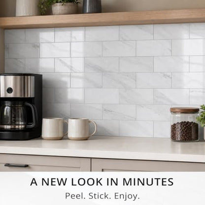 StyloVue 100 Pieces Peel and Stick Backsplash for Kitchen, 3" x 6" PVC Subway Tile, 2026 Upgraded Sparkle White Marble, Stick on Wall Tile for Kitchen, Bathroom, Fireplace, RV - color: Sparkle White Marble