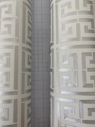 AMINAH DECO 17.7"x236.0"Greek Key Peel and Stick Wallpaper - color: Silver White