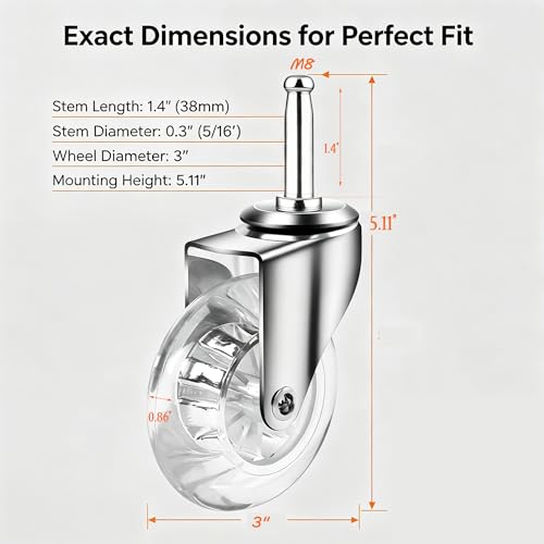 3" Swivel Caster Wheels, M8×38mm, Crystal Clear, Set of 4 - size: 3",No Brake