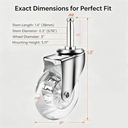 3" Swivel Caster Wheels, M8×38mm, Crystal Clear, Set of 4 - size: 3",No Brake