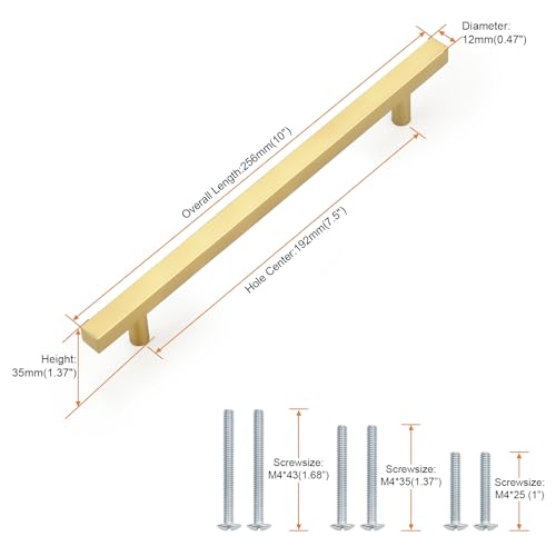Probrico Brushed Brass Cabinet Pulls & Handles 7.5" CC Square 5 Pack - color: Brushed Brass, size: Hole Center: 192mm(7.5inch)
