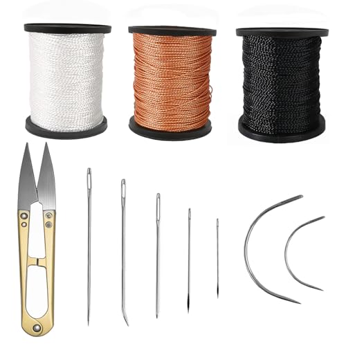 Fbshicung Upholstery Repair Sewing Thread Kit and Heavy Duty Household Hand Needles, Including 7 Styles of Leather Canvas Sewing Needles,Scissors and 3 Rolls Nylon Thread (60Yard Per Roll)