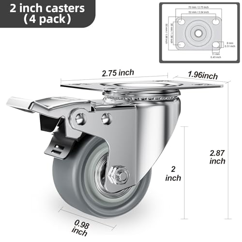 2" Swivel Plate Casters with Brake - Set of 4 - color: Grey, size: 2 inch